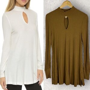 Free People Copa Banana Ribbed Knit Keyhole Tunic‎ Top Size Small Mustard Boho S